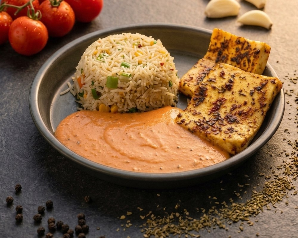 Deja Vu Rice Bowl — paneer over seasoned rice