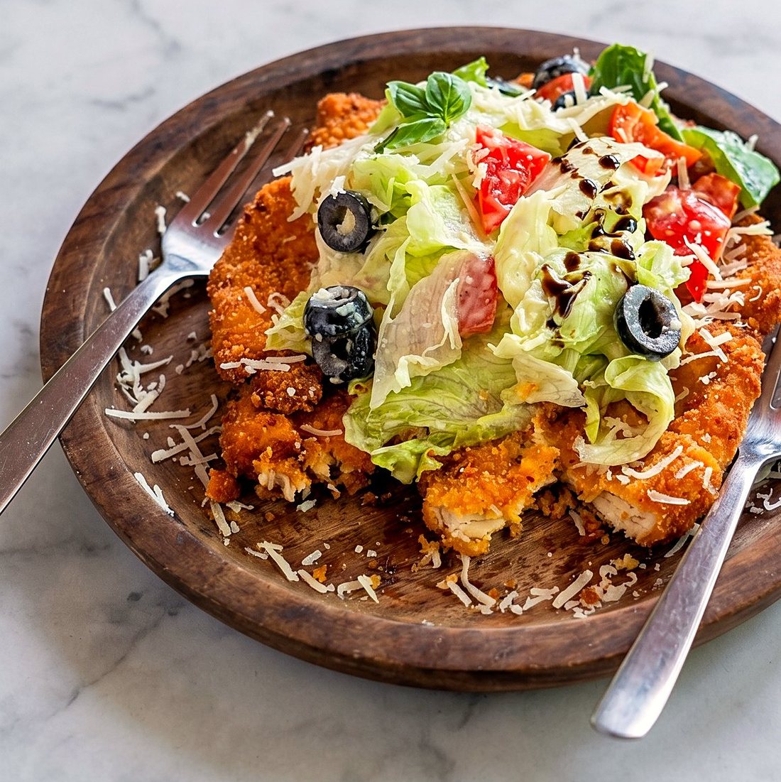 Crumbed chicken cutlet topped with salad and parmesan