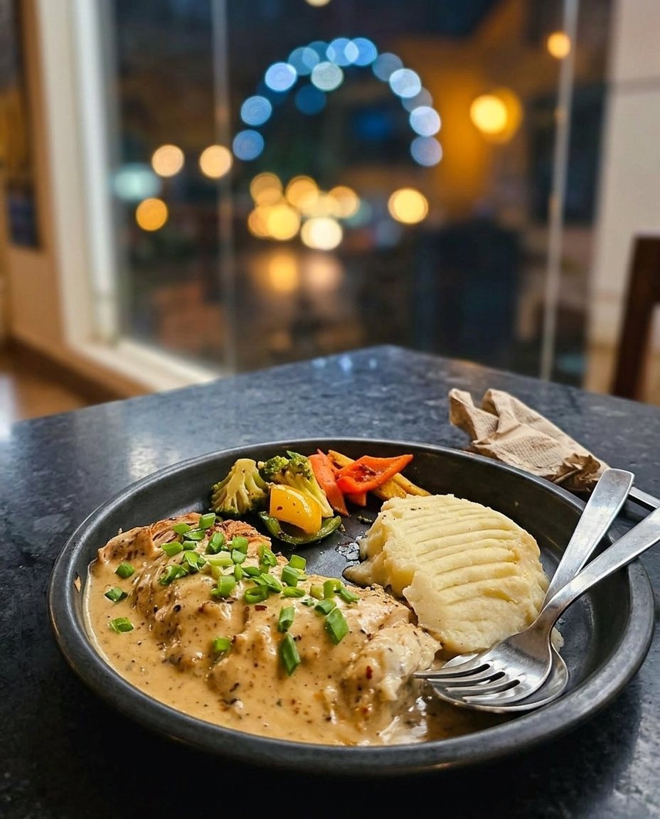 Creamy Chicken Tuscan with mashed potato