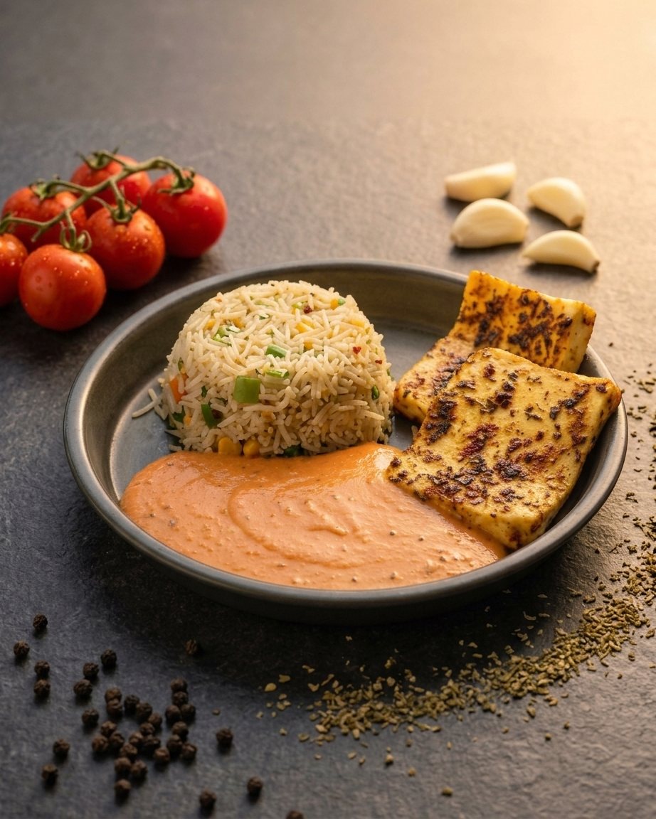 Paneer rice bowl with dip