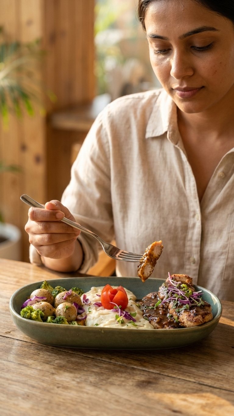 A guest enjoying a plate at Cafe Deja Vu