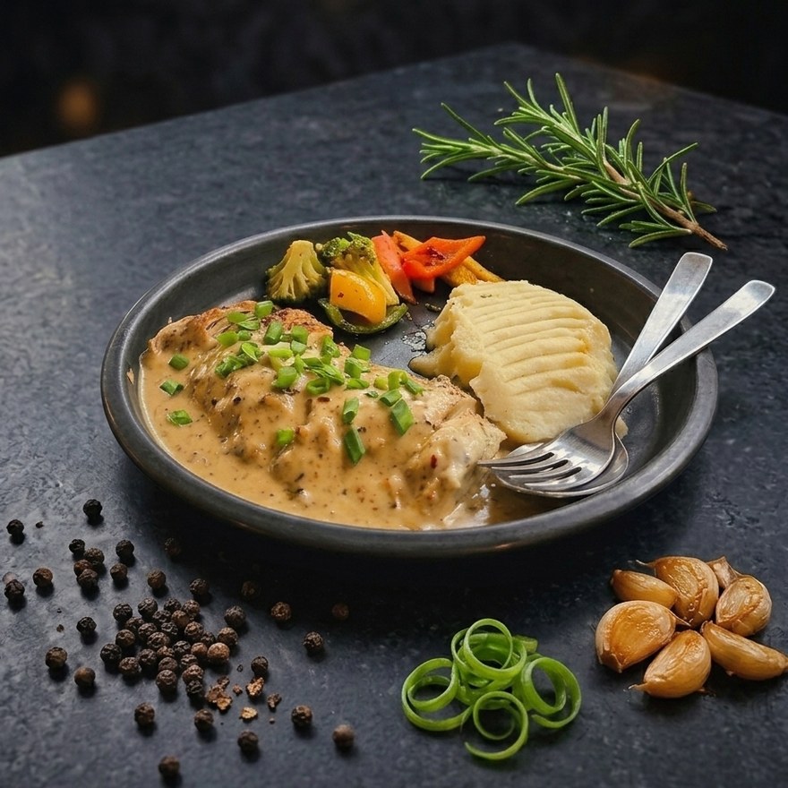 Creamy chicken with mashed potato at Cafe Deja Vu